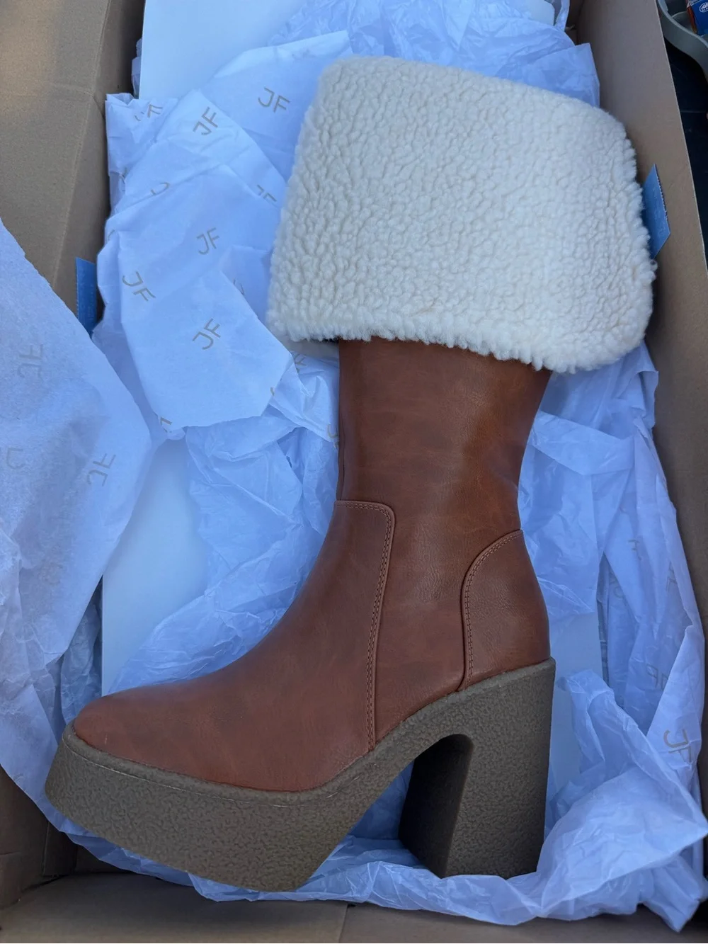 JustFab Cognac Over-the-Knee Faux-Shearling Platform Boots